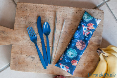 Blue cutlery and bag with straw and space junk print EcoEatz kit